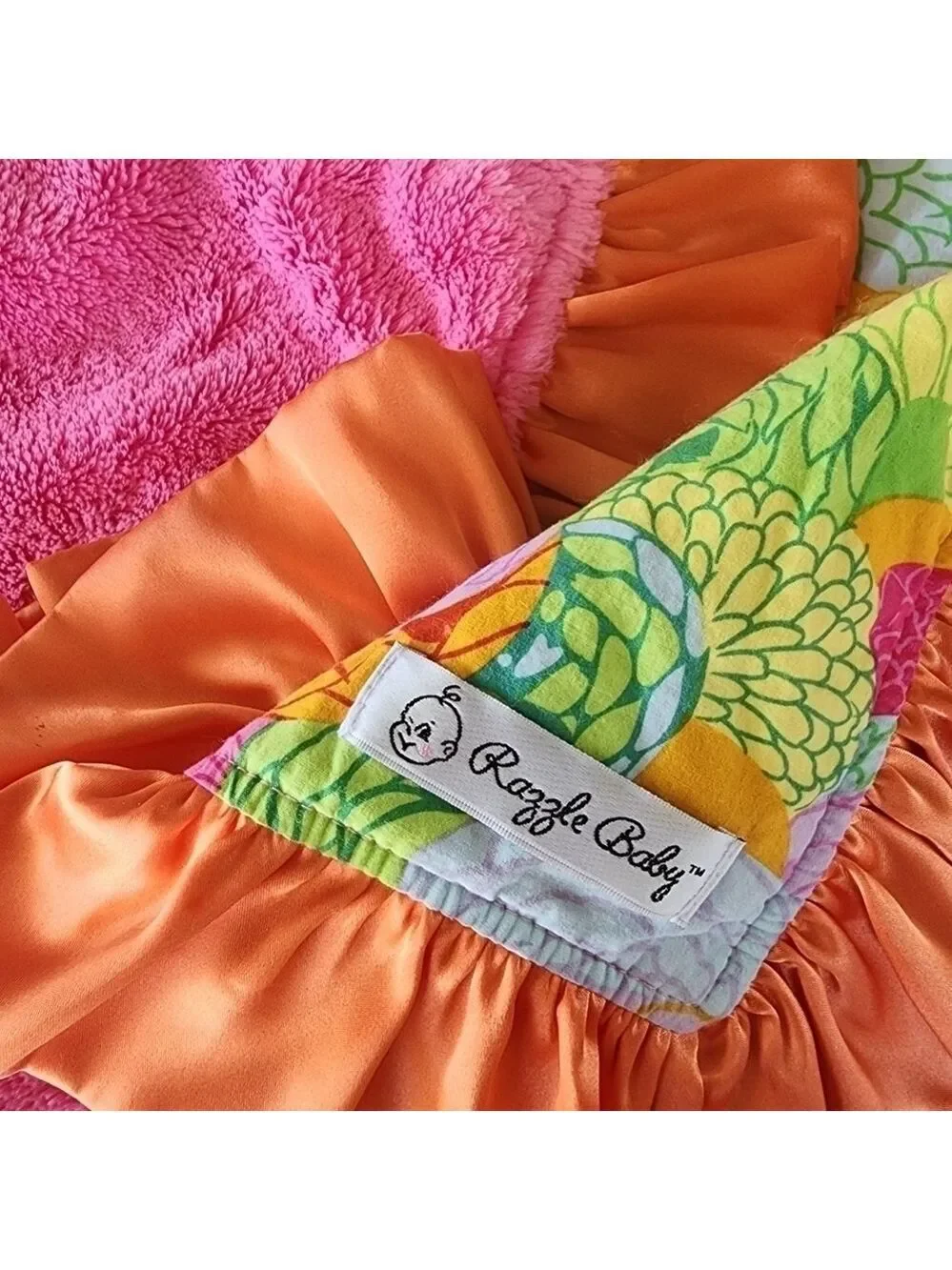 Razzle baby satin / plush Minky wooby security baby blanket floral pink & orange